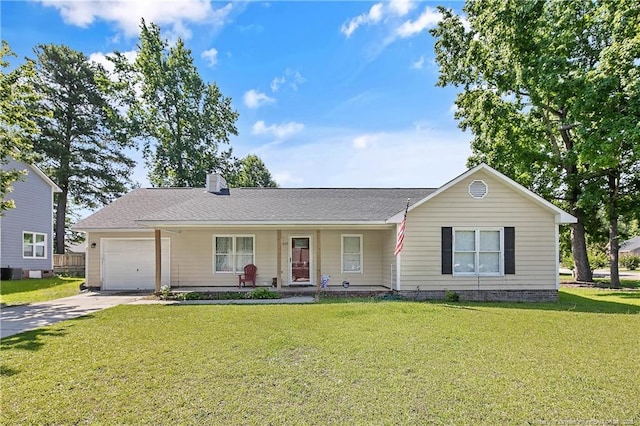 6221 Hedingham Dr, Hope Mills, NC 28348 - ranch-style house featuring concrete driveway, a garage, a front lawn, and a chimney