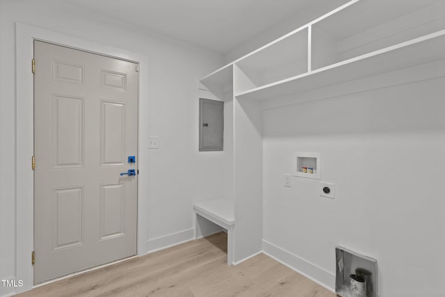 620 Red Carriage Ave, Durham, NC 27704 - laundry area with electric dryer hookup, hookup for a washing machine, light wood-style floors, and electric panel