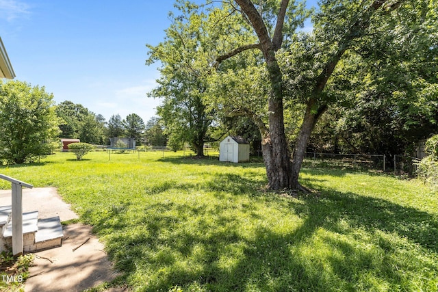 620 Red Carriage Ave, Durham, NC 27704 - fenced backyard featuring a trampoline and a storage unit