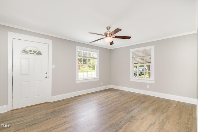 603 S Third St, Mebane, NC 27302 - entryway featuring wood finished floors, crown molding, and a ceiling fan