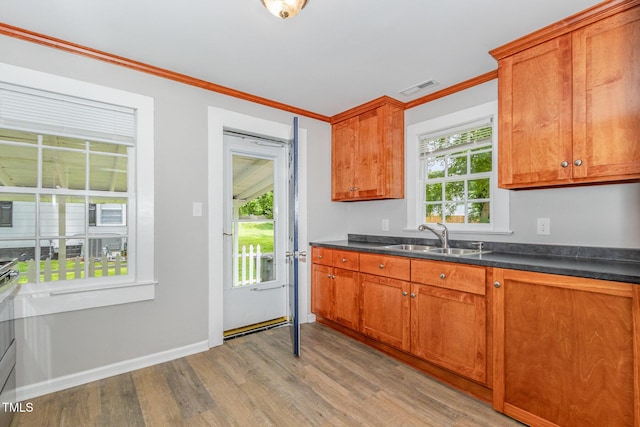 603 S Third St, Mebane, NC 27302 - kitchen featuring light wood-style floors, dark countertops, brown cabinets, and crown molding