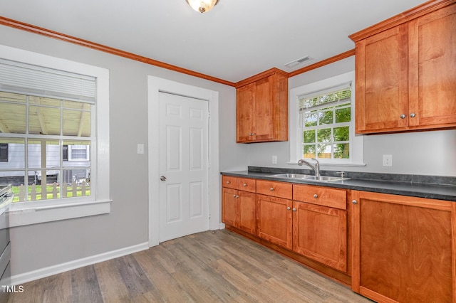 603 S Third St, Mebane, NC 27302 - kitchen with light wood-style floors, crown molding, brown cabinetry, and dark countertops