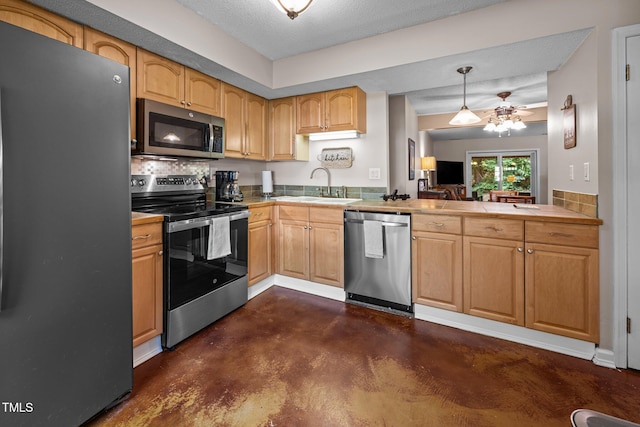 6021 Dixon Dr, Raleigh, NC 27609 - kitchen featuring appliances with stainless steel finishes, finished concrete floors, pendant lighting, a textured ceiling, and light brown cabinetry
