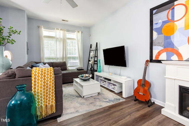 320 Gilman Ln Unit 106, Raleigh, NC 27610 - living room with wood finished floors, a ceiling fan, and a glass covered fireplace
