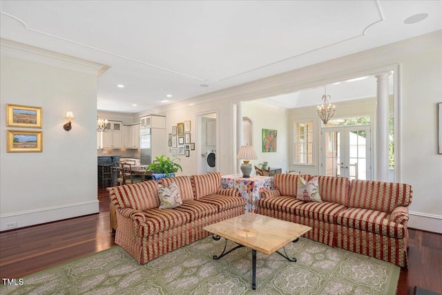 1313 Duplin Rd, Raleigh, NC 27607 - living room with a chandelier, crown molding, wood finished floors, and recessed lighting