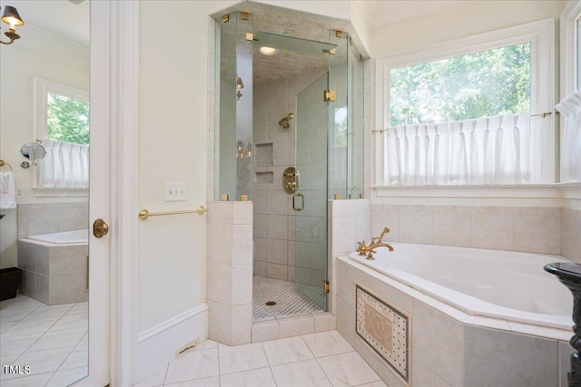 1313 Duplin Rd, Raleigh, NC 27607 - bathroom featuring a garden tub, a shower stall, and crown molding
