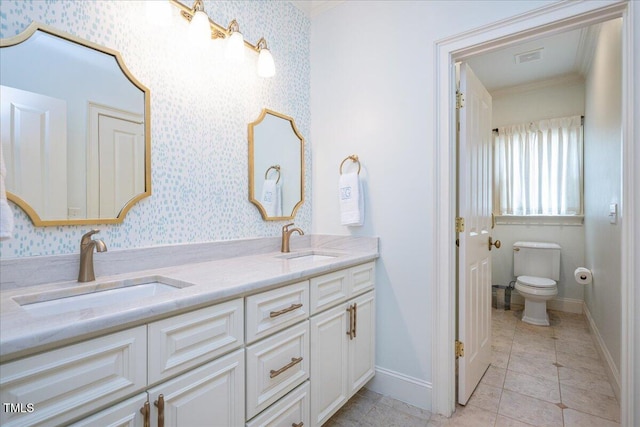 1313 Duplin Rd, Raleigh, NC 27607 - bathroom with wallpapered walls, double vanity, ornamental molding, and tile patterned floors