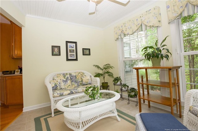 957 Blackeyed Susan Pl, Vass, NC 28394 - living area with a ceiling fan, crown molding, plenty of natural light, and light tile patterned flooring