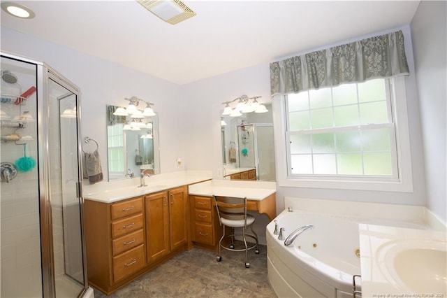 957 Blackeyed Susan Pl, Vass, NC 28394 - bathroom featuring a stall shower, a tub with jets, and vanity
