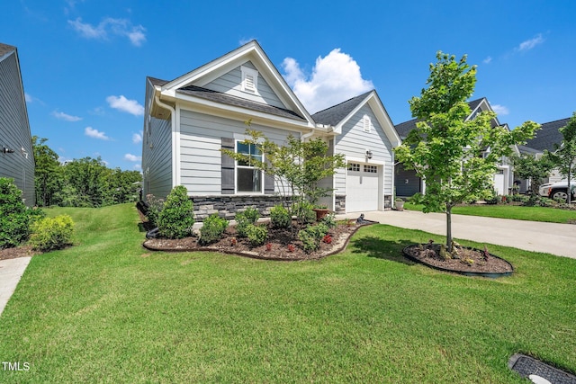 1247 White Flint Cir, Durham, NC 27703 - view of front of property featuring concrete driveway, an attached garage, a front yard, and stone siding