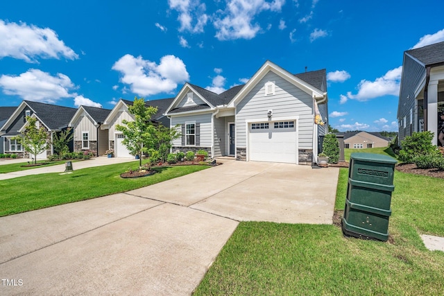 1247 White Flint Cir, Durham, NC 27703 - ranch-style house featuring an attached garage, driveway, a front lawn, and stone siding
