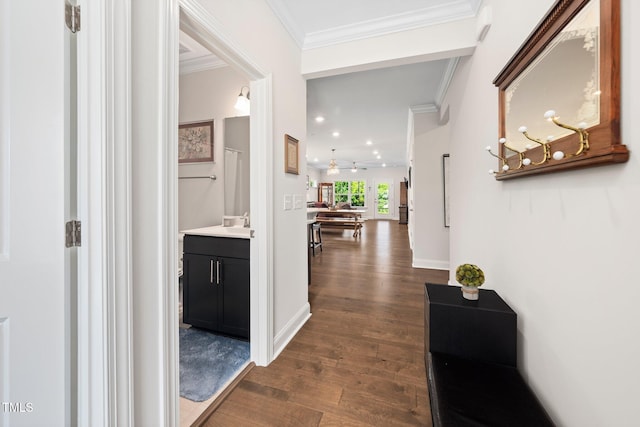 1247 White Flint Cir, Durham, NC 27703 - hall featuring dark wood-type flooring, ornamental molding, and recessed lighting