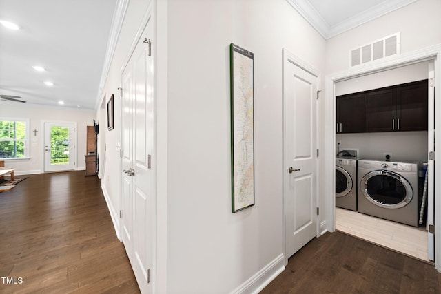 1247 White Flint Cir, Durham, NC 27703 - laundry area featuring ornamental molding, cabinet space, dark wood-style flooring, recessed lighting, and washer and dryer