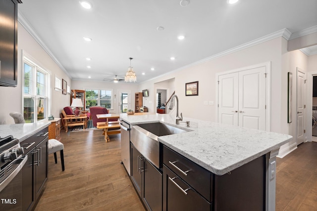 1247 White Flint Cir, Durham, NC 27703 - kitchen featuring ornamental molding, recessed lighting, ceiling fan, stainless steel appliances, and open floor plan