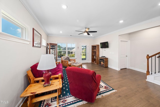 1247 White Flint Cir, Durham, NC 27703 - living area featuring stairway, recessed lighting, crown molding, ceiling fan, and wood finished floors