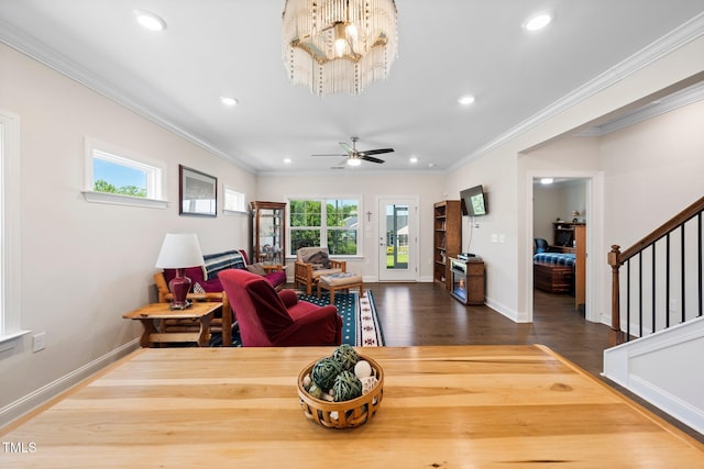 1247 White Flint Cir, Durham, NC 27703 - living room featuring stairway, ornamental molding, dark wood finished floors, recessed lighting, and ceiling fan