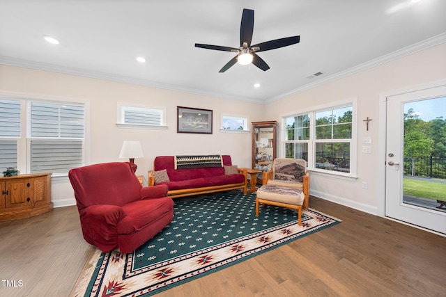 1247 White Flint Cir, Durham, NC 27703 - sitting room featuring wood finished floors, ornamental molding, ceiling fan, and recessed lighting