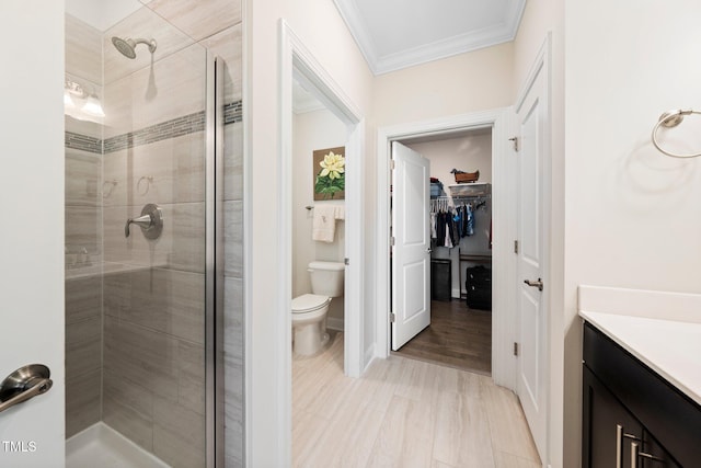 1247 White Flint Cir, Durham, NC 27703 - full bath featuring a stall shower, ornamental molding, vanity, and a spacious closet