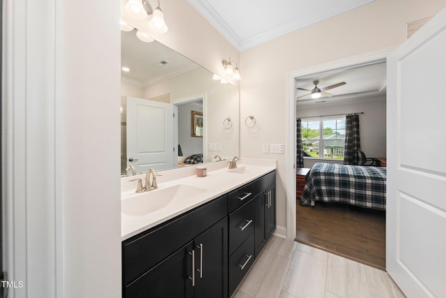 1247 White Flint Cir, Durham, NC 27703 - bathroom with crown molding, double vanity, ensuite bath, and ceiling fan