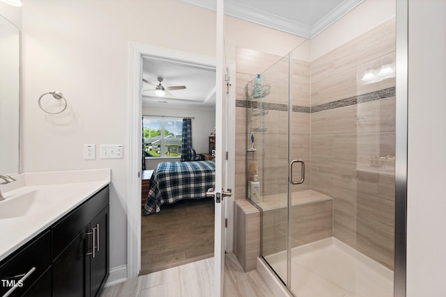 1247 White Flint Cir, Durham, NC 27703 - full bath featuring ensuite bathroom, crown molding, vanity, ceiling fan, and a stall shower