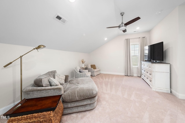 1247 White Flint Cir, Durham, NC 27703 - living area featuring a ceiling fan, vaulted ceiling, light carpet, and recessed lighting