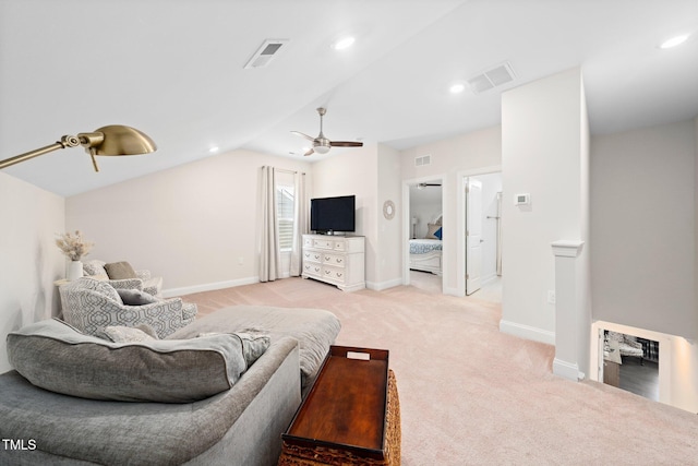 1247 White Flint Cir, Durham, NC 27703 - living area featuring light carpet, ceiling fan, lofted ceiling, and recessed lighting