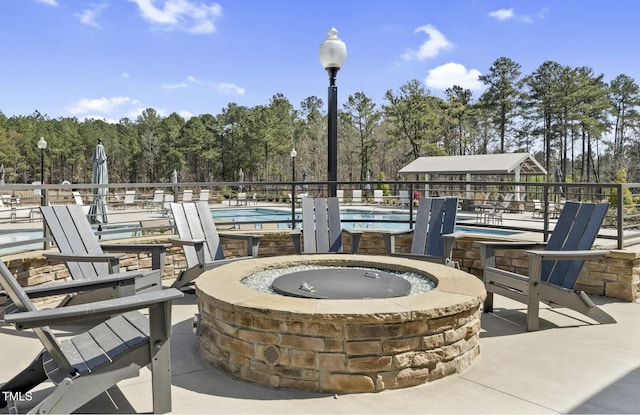 1247 White Flint Cir, Durham, NC 27703 - view of patio / terrace featuring a fire pit, an outdoor hot tub, and a community pool