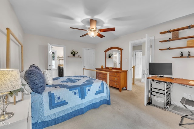 7917 Featherstone Dr, Raleigh, NC 27615 - bedroom with light colored carpet, ceiling fan, and connected bathroom