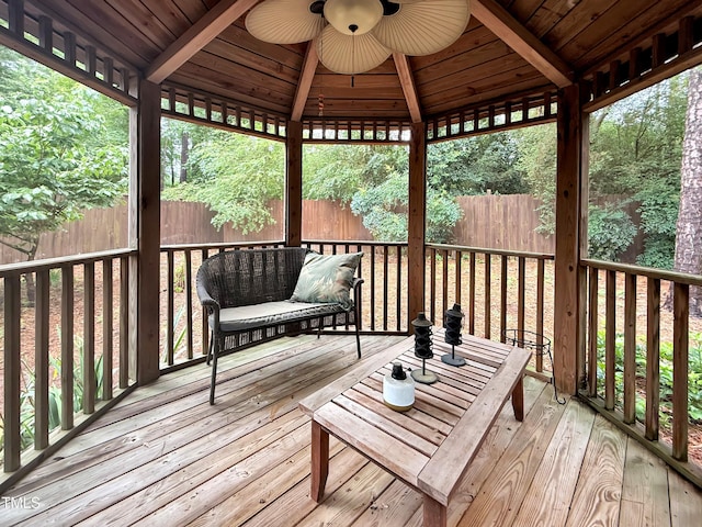 7917 Featherstone Dr, Raleigh, NC 27615 - deck with a ceiling fan, a fenced backyard, and a gazebo