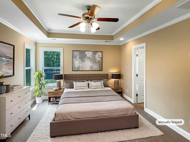 1201 Dagmar Ln, Wake Forest, NC 27587 - bedroom with a raised ceiling, ornamental molding, recessed lighting, and a ceiling fan