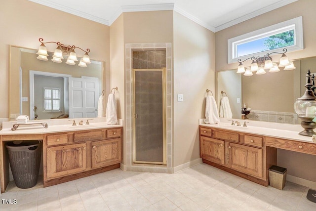 116 Twin Oaks Pl, Goldsboro, NC 27530 - bathroom featuring a stall shower, vanity, tile patterned floors, and ornamental molding