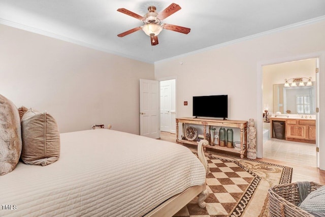 116 Twin Oaks Pl, Goldsboro, NC 27530 - bedroom with ornamental molding, connected bathroom, and ceiling fan