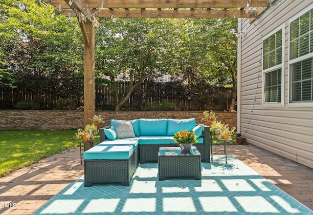 200 Woodvale Way, Fuquay Varina, NC 27526 - fenced backyard with a pergola, an outdoor hangout area, and a patio
