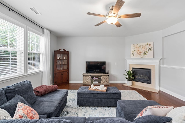 200 Woodvale Way, Fuquay Varina, NC 27526 - living room with ceiling fan, wood finished floors, and a high end fireplace