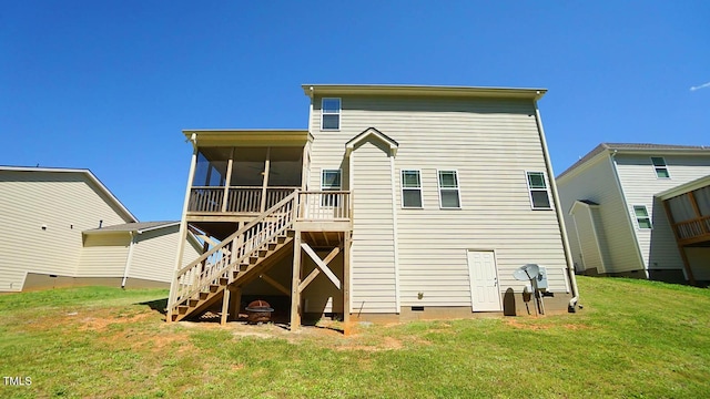966 Airedale Trl, Garner, NC 27529 - rear view of house featuring crawl space, stairway, a sunroom, and a yard