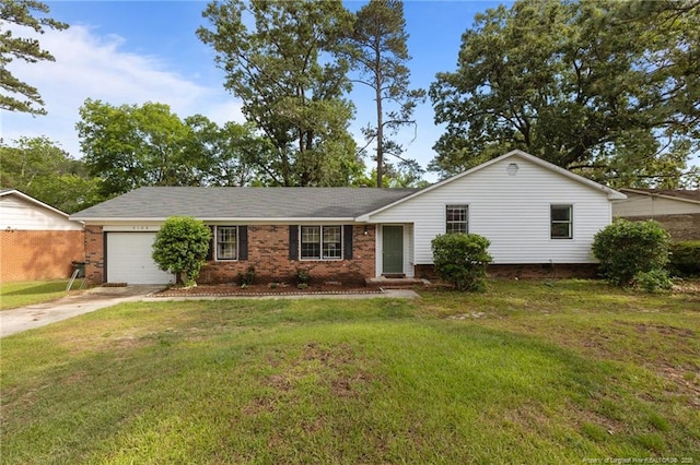 6108 Lonestar Rd, Fayetteville, NC 28303 - ranch-style house featuring a garage, concrete driveway, a front lawn, and brick siding
