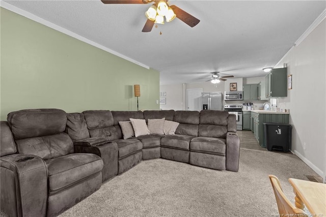 6108 Lonestar Rd, Fayetteville, NC 28303 - living room featuring ceiling fan, ornamental molding, and light carpet