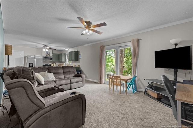 6108 Lonestar Rd, Fayetteville, NC 28303 - living room featuring a ceiling fan, light carpet, crown molding, and a textured ceiling