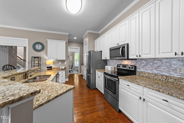 124 Kingsport Rd, Holly Springs, NC 27540 - kitchen featuring appliances with stainless steel finishes, ornamental molding, white cabinets, dark wood-style flooring, and backsplash