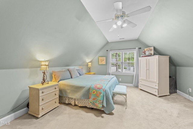 124 Kingsport Rd, Holly Springs, NC 27540 - bedroom with light carpet, lofted ceiling, and a ceiling fan
