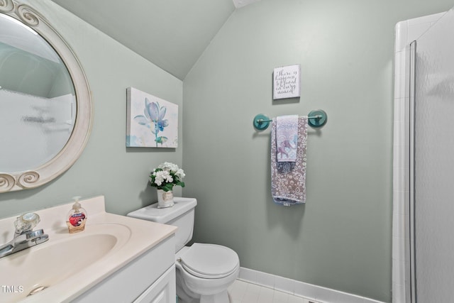 124 Kingsport Rd, Holly Springs, NC 27540 - full bath featuring vaulted ceiling, vanity, tile patterned floors, and an enclosed shower