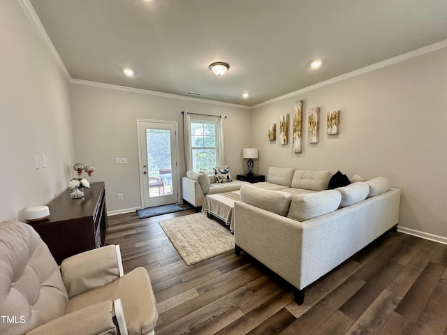 2417 Tobacco Root Dr, Raleigh, NC 27616 - living area featuring dark wood-type flooring, recessed lighting, and ornamental molding