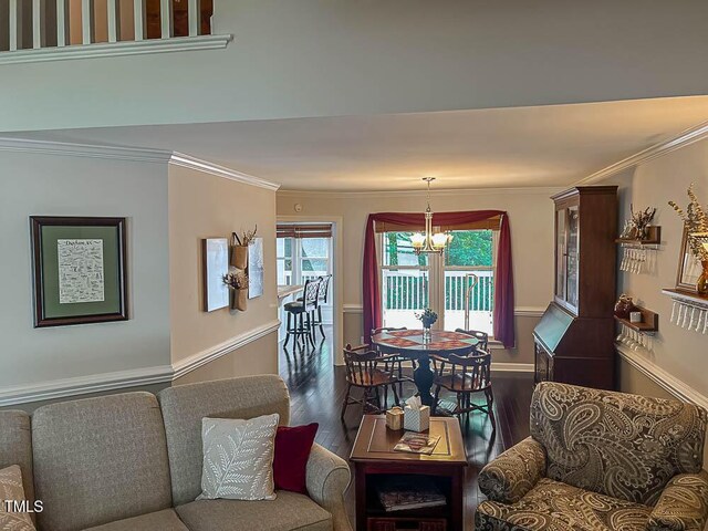 5500 Fortunes Ridge Dr Unit 94C, Durham, NC 27713 - living room with wood finished floors, a chandelier, and crown molding