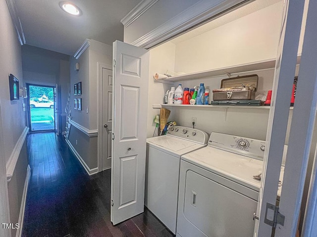 5500 Fortunes Ridge Dr Unit 94C, Durham, NC 27713 - washroom featuring independent washer and dryer, dark wood finished floors, and crown molding