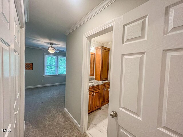 5500 Fortunes Ridge Dr Unit 94C, Durham, NC 27713 - corridor with ornamental molding, light marble finish floors, and light carpet