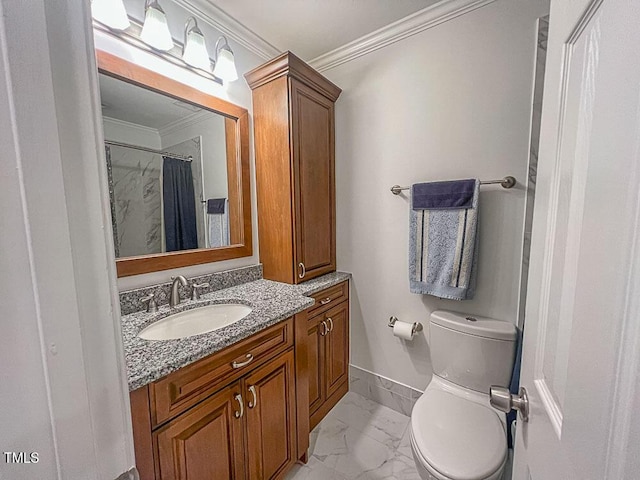 5500 Fortunes Ridge Dr Unit 94C, Durham, NC 27713 - bathroom with crown molding, marble look tiles, vanity, and curtained shower