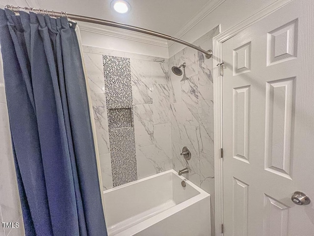 5500 Fortunes Ridge Dr Unit 94C, Durham, NC 27713 - bathroom featuring ornamental molding and shower / bath combo with shower curtain