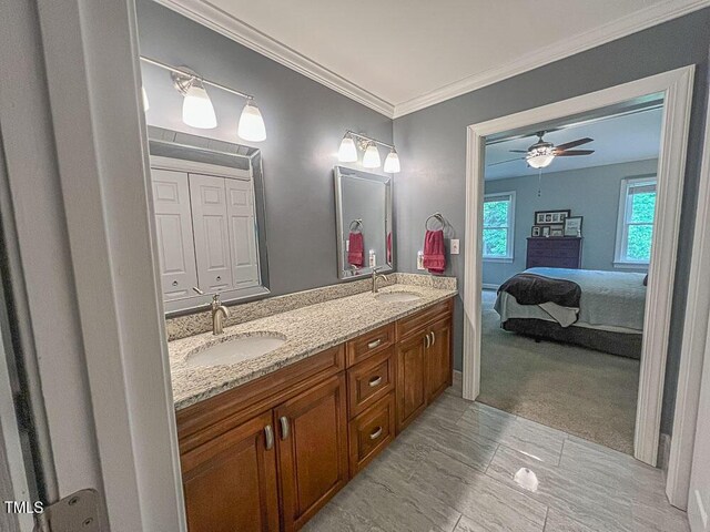 5500 Fortunes Ridge Dr Unit 94C, Durham, NC 27713 - full bathroom featuring double vanity, connected bathroom, crown molding, and ceiling fan