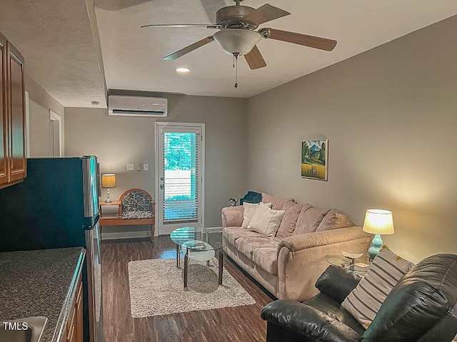 5500 Fortunes Ridge Dr Unit 94C, Durham, NC 27713 - living room with an AC wall unit, dark wood-style floors, a ceiling fan, and recessed lighting