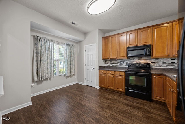 3408 Sosa Rd, Raleigh, NC 27610 - kitchen with black appliances, dark wood-style floors, dark countertops, tasteful backsplash, and a textured ceiling